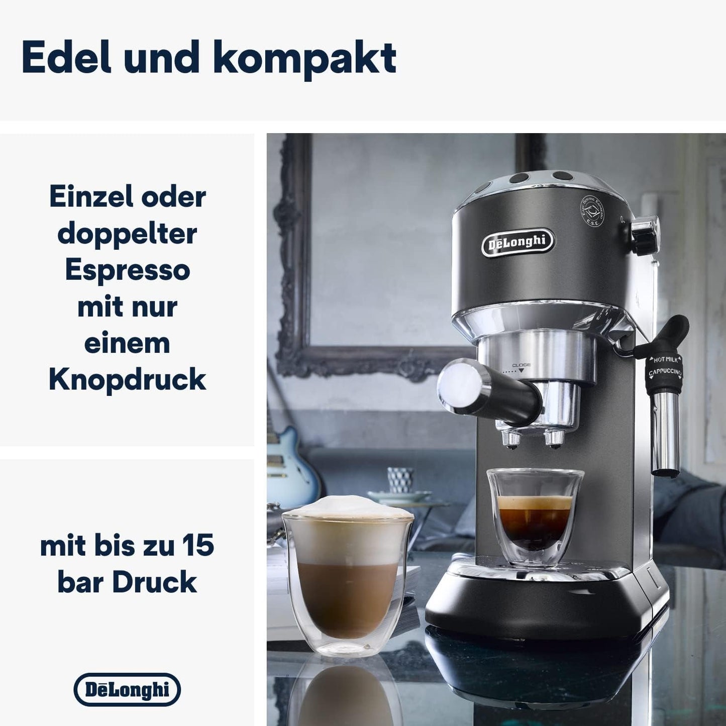 De'Longhi Dedica Style EC 685.B - Espressomachine met portafilter, espressomachine met professionele melkopschuimer, slechts 15 cm breed, voor gemalen koffie of ESE-capsules, 1 l watertank, zwart