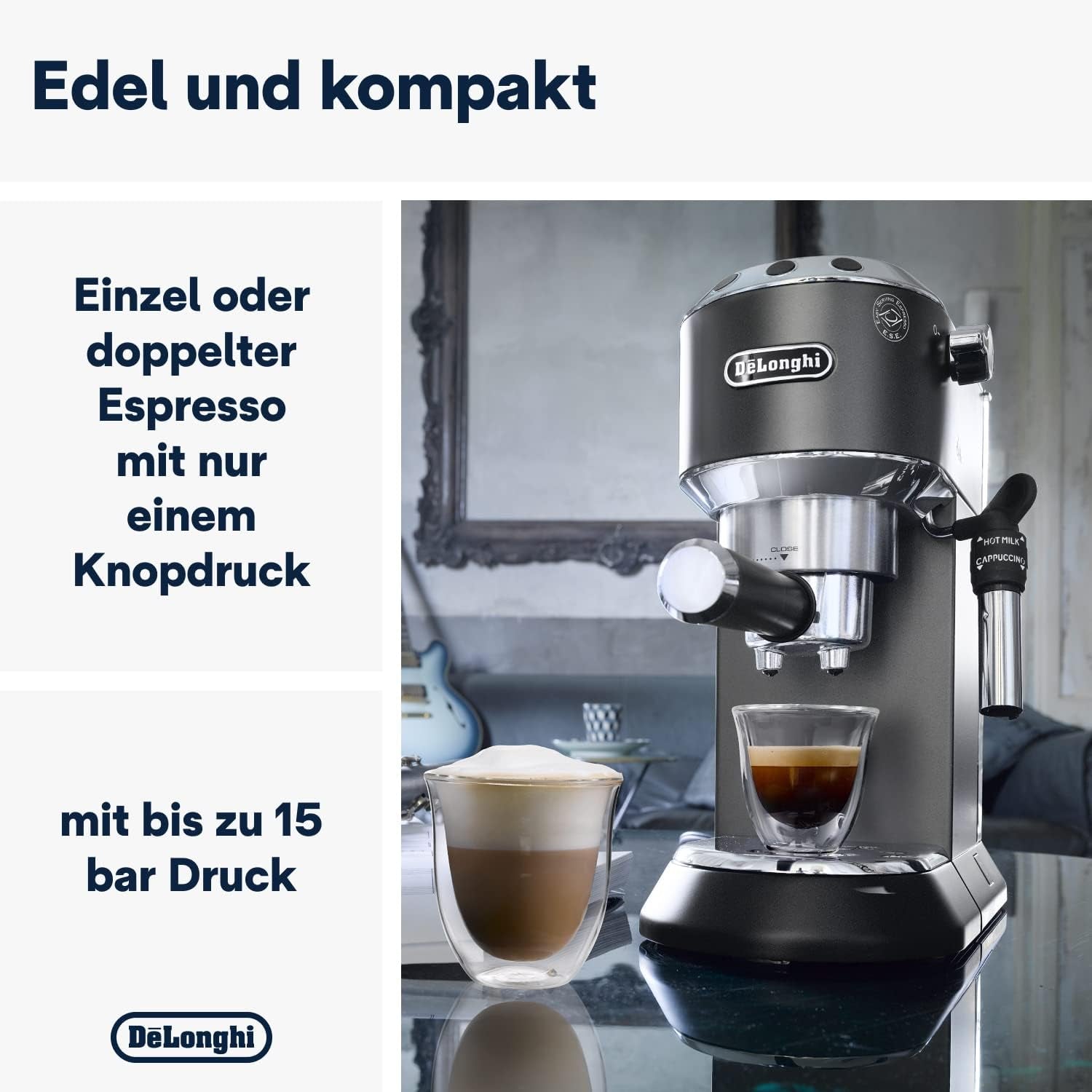 De'Longhi Dedica Style EC 685.B - Espressomachine met portafilter, espressomachine met professionele melkopschuimer, slechts 15 cm breed, voor gemalen koffie of ESE-capsules, 1 l watertank, zwart