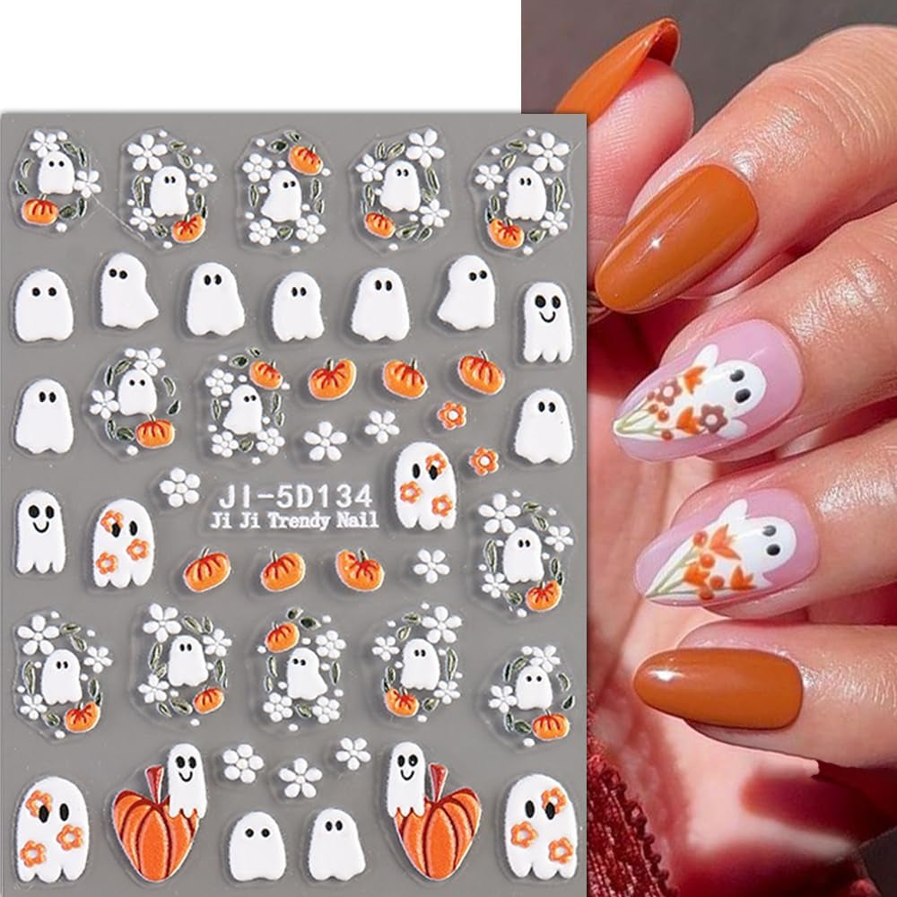 JMEOWIO 3D Nagelsticker Halloween Nail Art Sticker Selbstklebend Nagelaufkleber 5D Stereoskopisch Süßer Geisterkürbis Decoratie Nageldesign Zubehör 4 Blatt