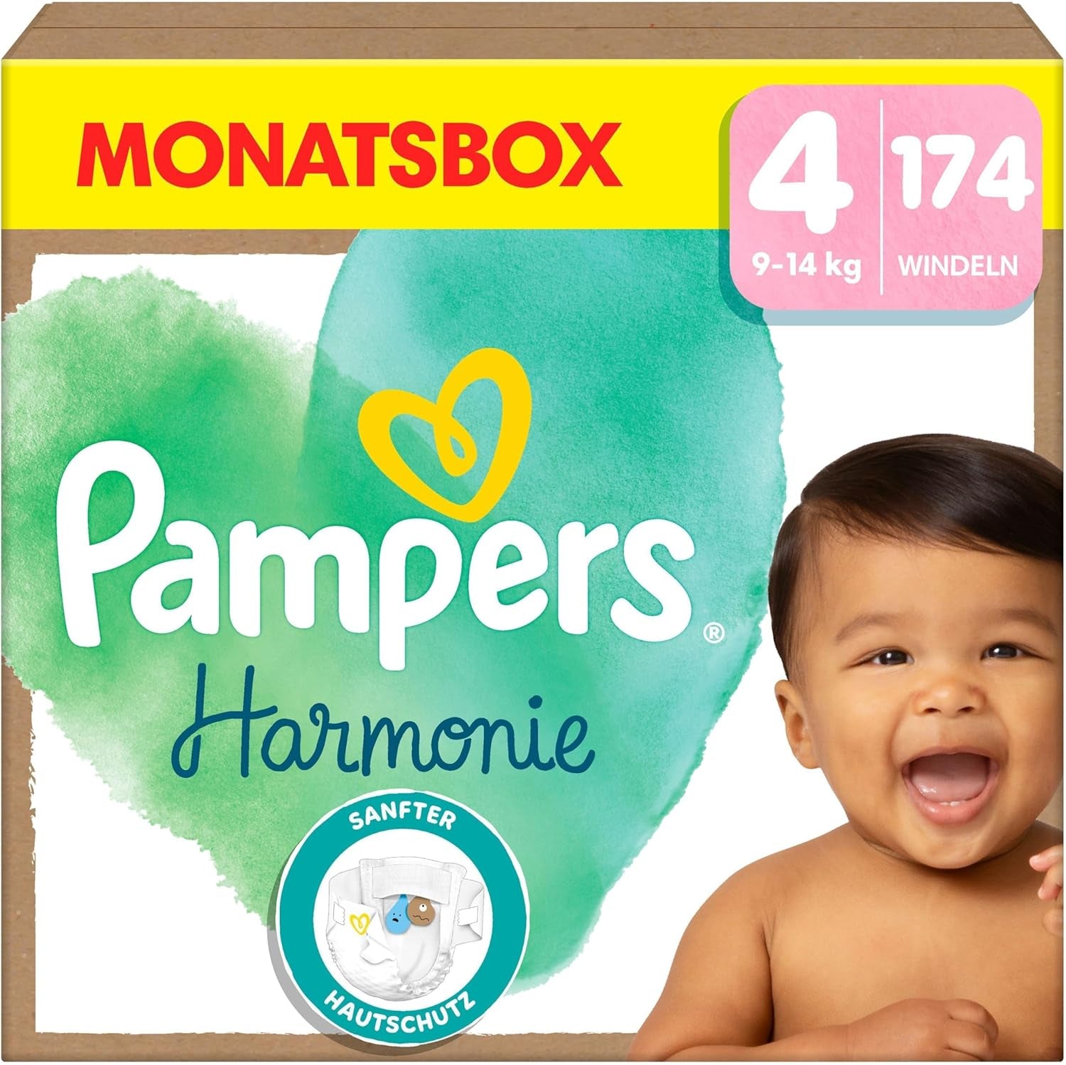 Pampers Harmony Luiers Maat 4, 174 Luiers, 9kg-14kg, Zachte huidbescherming met 100% Pampers Protection