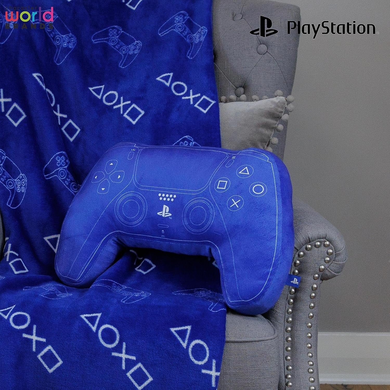 Karakterwereld: officieel gelicentieerd PlayStation-controllervormig kussen, handsetontwerp, gevuld pluchen kussen | Perfect voor slaapkamer- of speeldecoratie, blauwe standaardkussens van Naty Shop