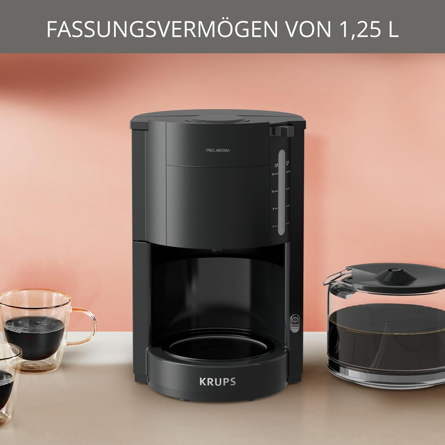 Krups F30908 ProAroma Espressomachine met filter en glazen karaf, inhoud 1,25 l, 10-15 kopjes, 1050 W, zwart