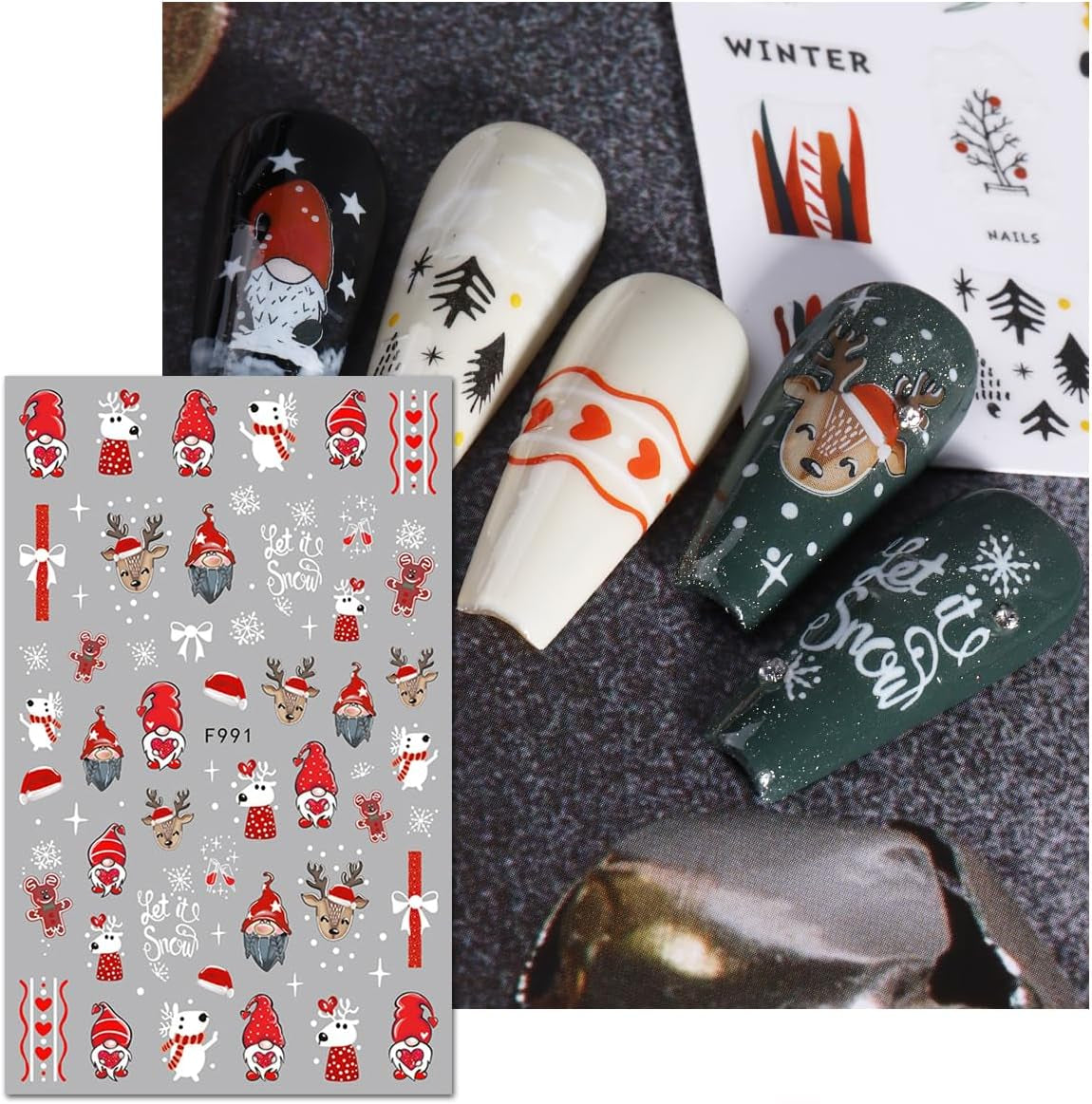 JMEOWIO Nagelsticker Weihnachten 10 Blatt Nail Art Sticker Selbstklebend Nagelaufkleber Schneeflocke Winter Urlaub Süß Decoratie Nageldesign Zubehör