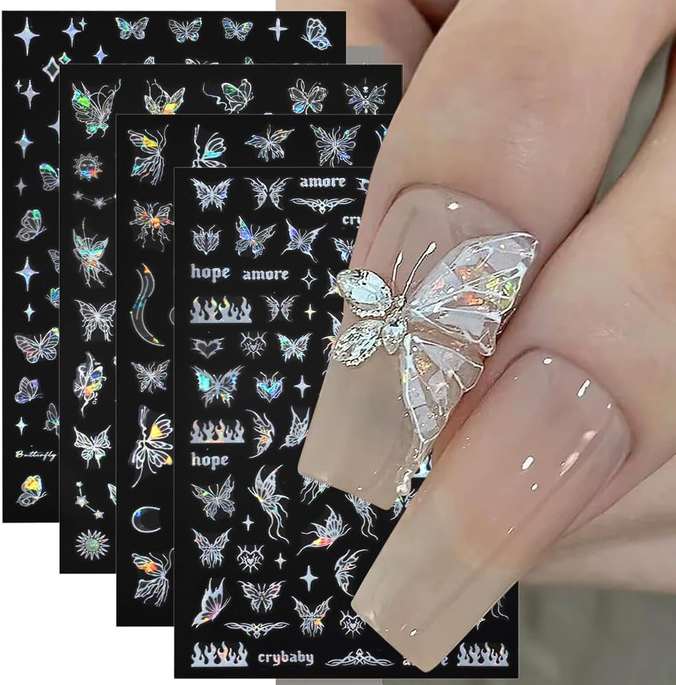 4 Blätter Holographisch Laser Wit Schmetterling Nagelsticker,Y2K Aurora Schmetterlinge Stern Nail Sticker 3D Flamme Herz Nageldesign Nagelsticker Selbstklebend Nagel Sticker Nagel Zubehör Nail Art