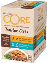 Wellness CORE Tender Cuts 6 x 85 g, Chicken Selection Mix - Natvoer voor katten, malse stukjes in saus, graanvrij, natuurlijk, hypoallergeen, rijk aan eiwitten, hoog vleesgehalte