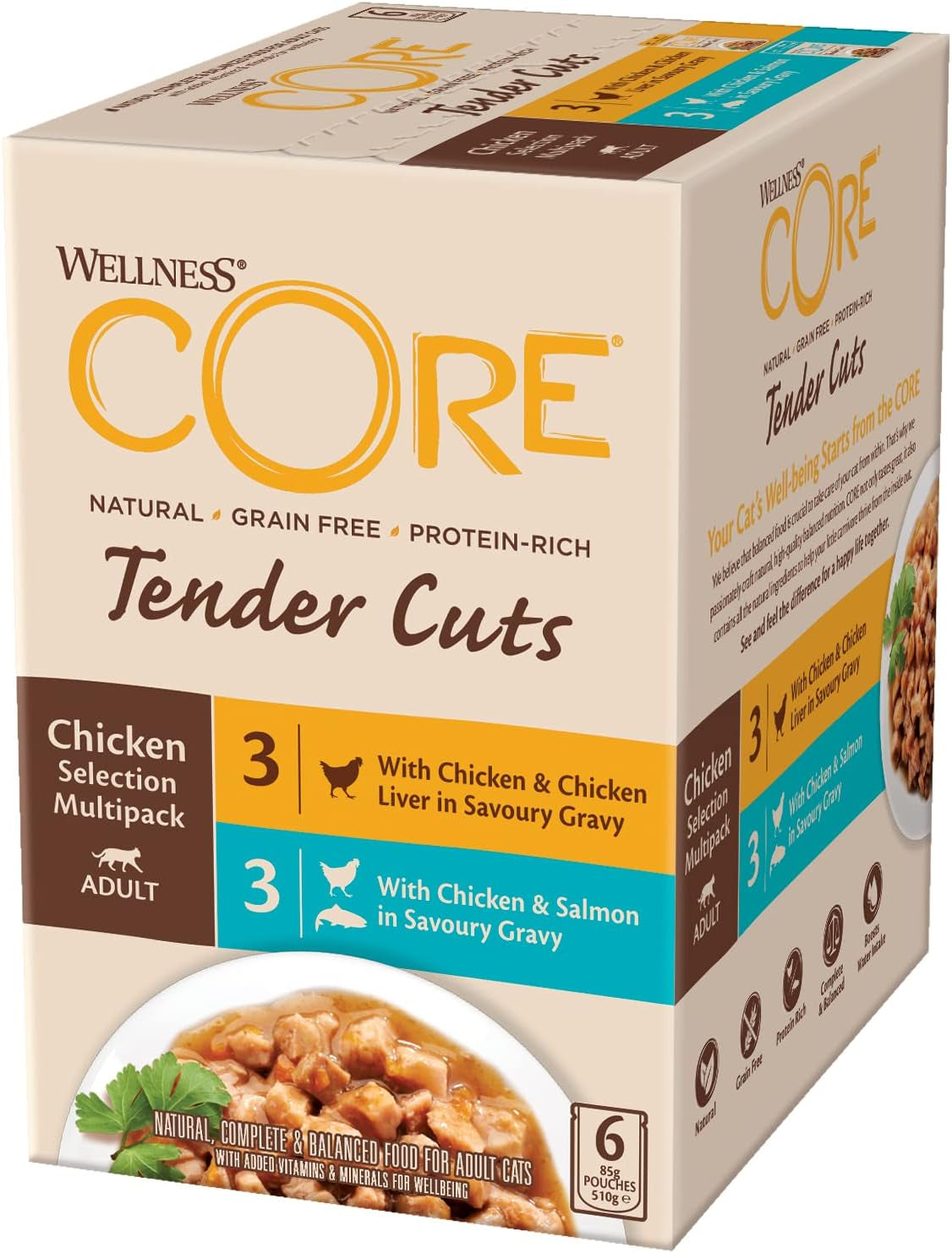Wellness CORE Tender Cuts 6 x 85 g, Chicken Selection Mix - Natvoer voor katten, malse stukjes in saus, graanvrij, natuurlijk, hypoallergeen, rijk aan eiwitten, hoog vleesgehalte