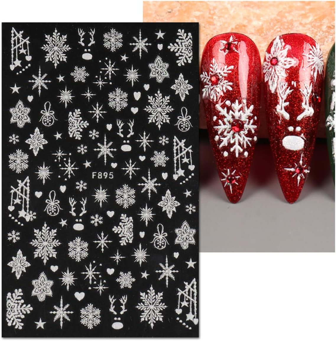 JMEOWIO Nagelsticker Weihnachten Weiß Glitter 8 Blatt Nail Art Sticker Selbstklebend Nagelaufkleber Schneeflocke Winter Holiday Decoratie Nageldesign Zubehör