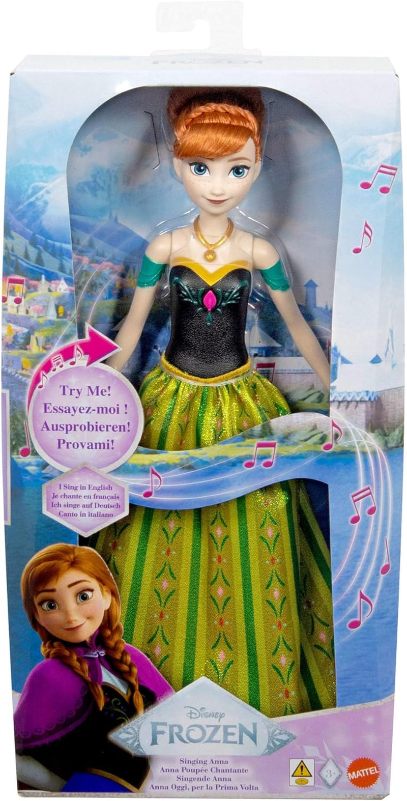 Mattel Toys Disney Frozen Anna zingende modepop in iconische outfit zingt "For the First Time" uit de Disney-film in het Engels, Frans, Duits, Italiaans, JDL59