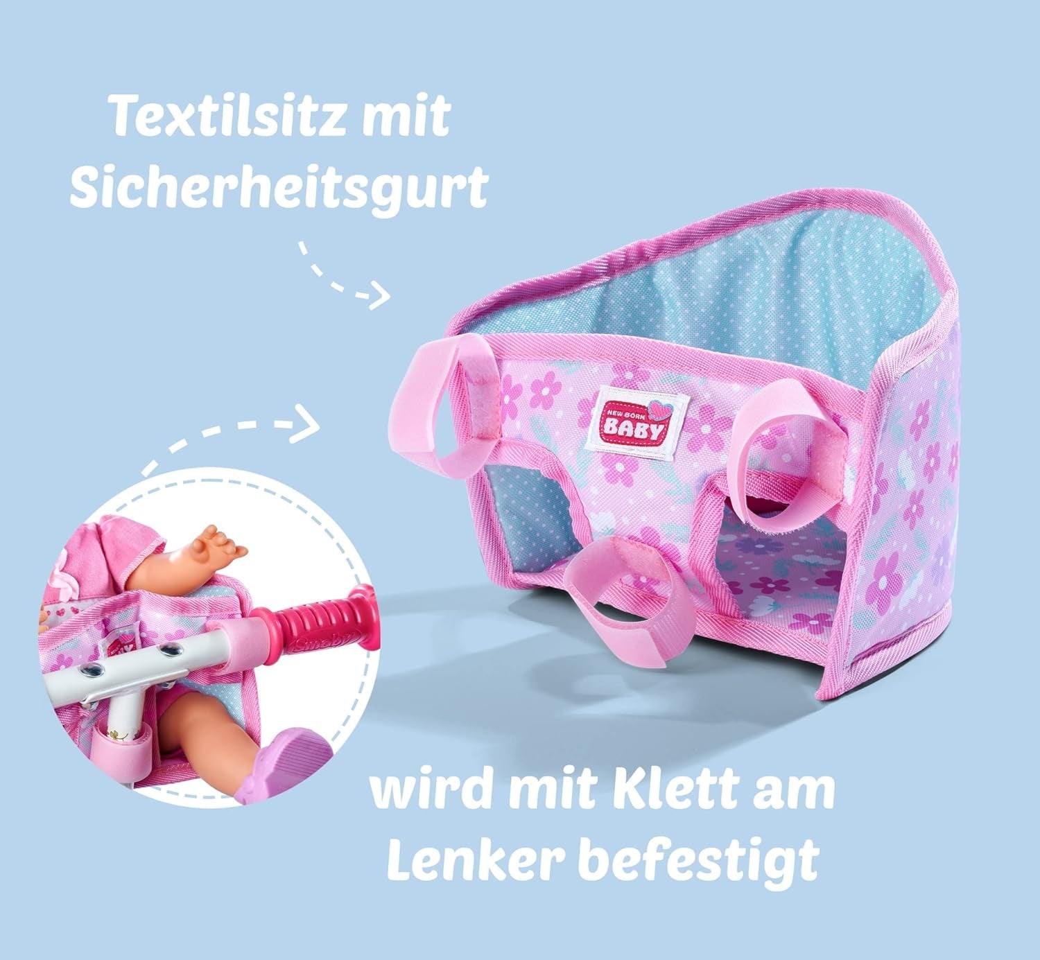 Simba 105560018 - Fietsstoeltje voor pasgeborenen met riem, poppenaccessoire, stoffen zitje, veiligheidsgordel, stuur met klittenband, voor poppen van 30-43 cm, vanaf 3 jaar
