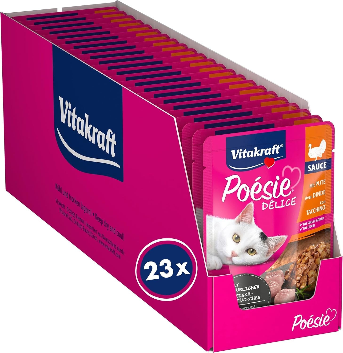 Vitakraft Poésie Délice, nat kattenvoer, kattenvoer in saus, met kalkoen, grootverpakking, zonder toegevoegde suiker of granen (23 x 85 g)
