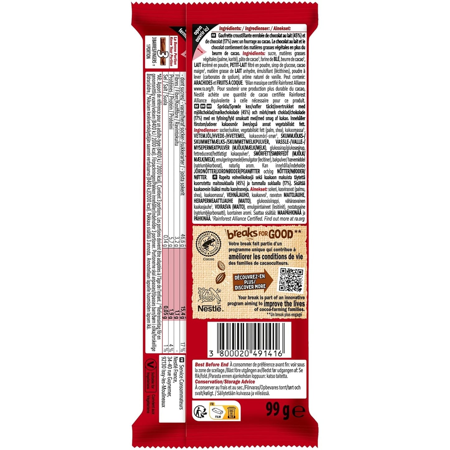 Nestlé Hazelnootreep Krokante Wafel met Romige Hazelnootvulling en Gemarmerde Chocoladeomslag, 2 Stuks (1 x 99 g)