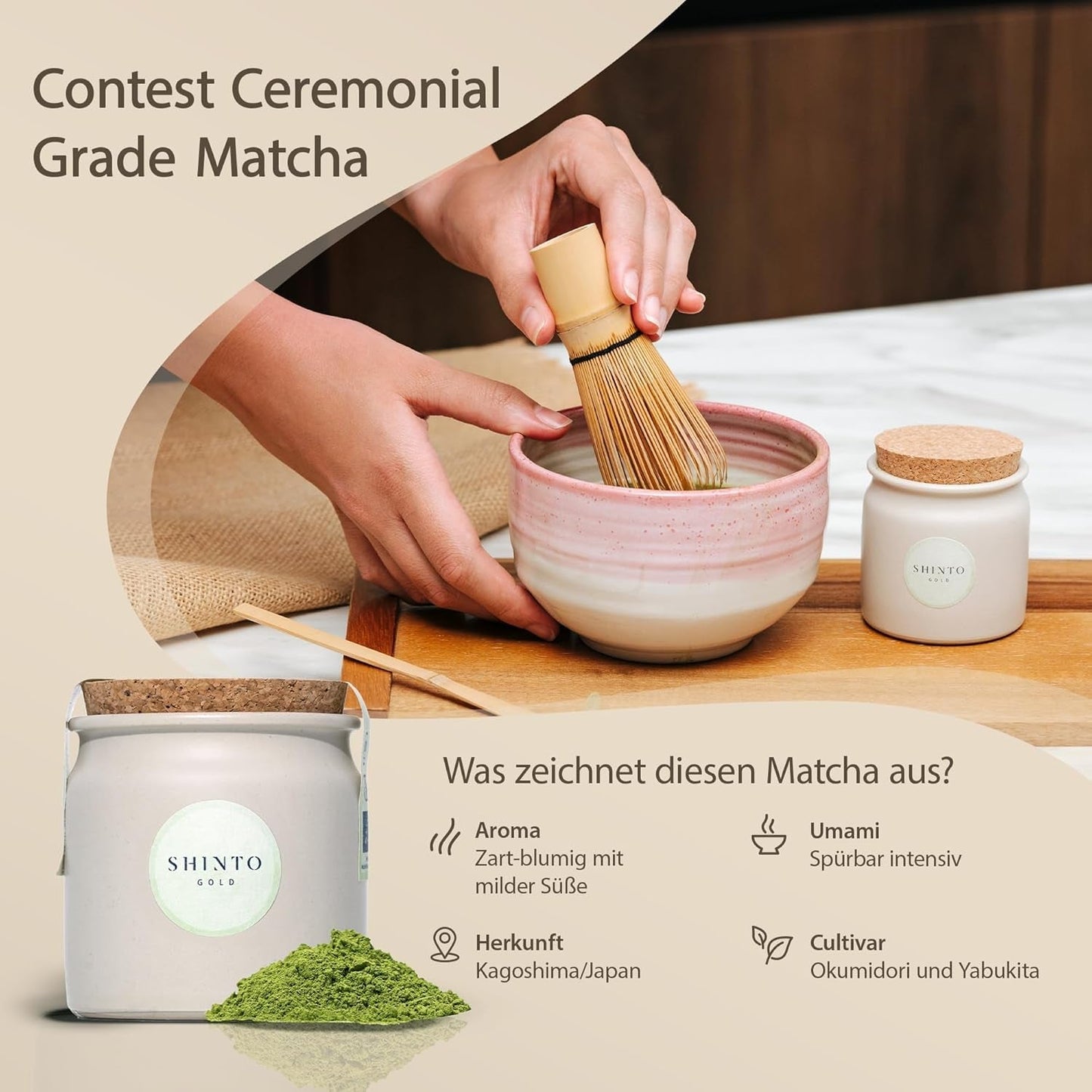 Shinto - "Gouden" biologische Matcha-thee - Groene theepoeder van ceremoniële kwaliteit - JAS & EU BIO gecertificeerd - Schaduwrijk en met de hand geplukt - Directe import uit Uji, Japan - 30g