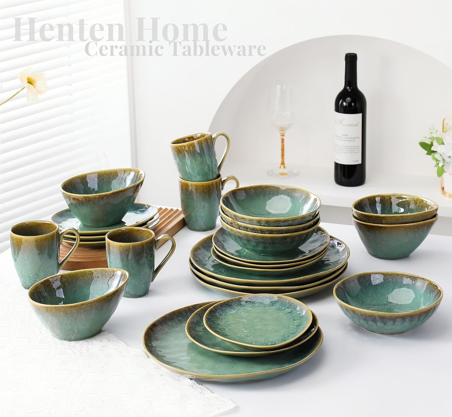 Henten Home Bijzondere steengoed borden, snack- en sauskommen - 20x17cm voor 4 personen, porseleinen ontbijtborden - modern groen design