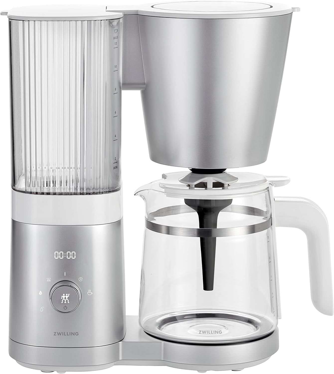ZWILLING ENFINIGY Filter-espressomachine met glazen karaf van 1,5 liter, espressomachine met roestvrijstalen boiler, bloeifunctie en slimme ontkalking, kunststof, zilver