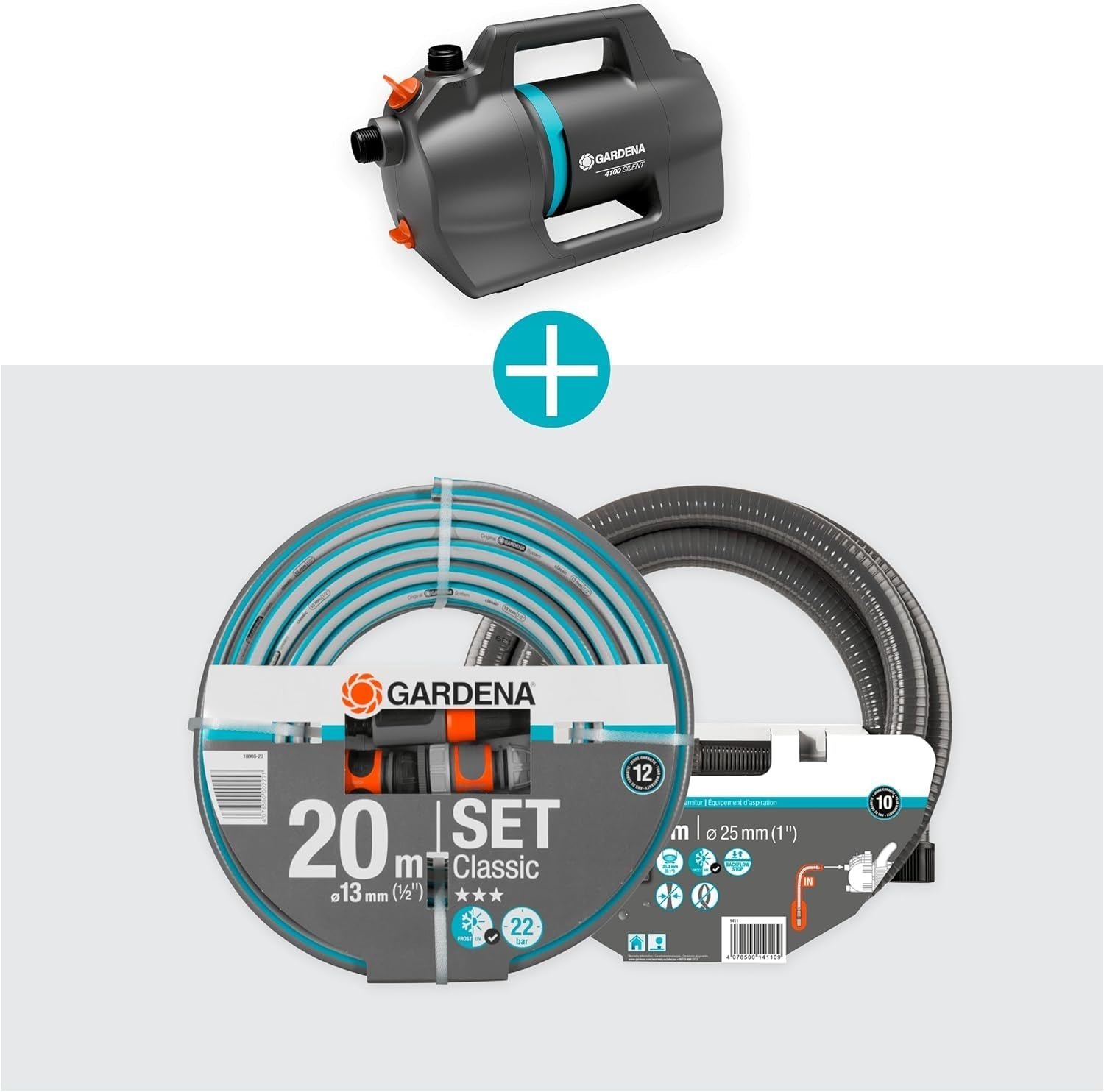 Gardena 4100 Silent tuinpompset: zeer stille en innovatieve irrigatiepomp met 3,5 m zuigaansluiting en 20 m klassieke slang, 4100 l/u stroom, 550 W motor, waterdicht, zuinig (9051-20)