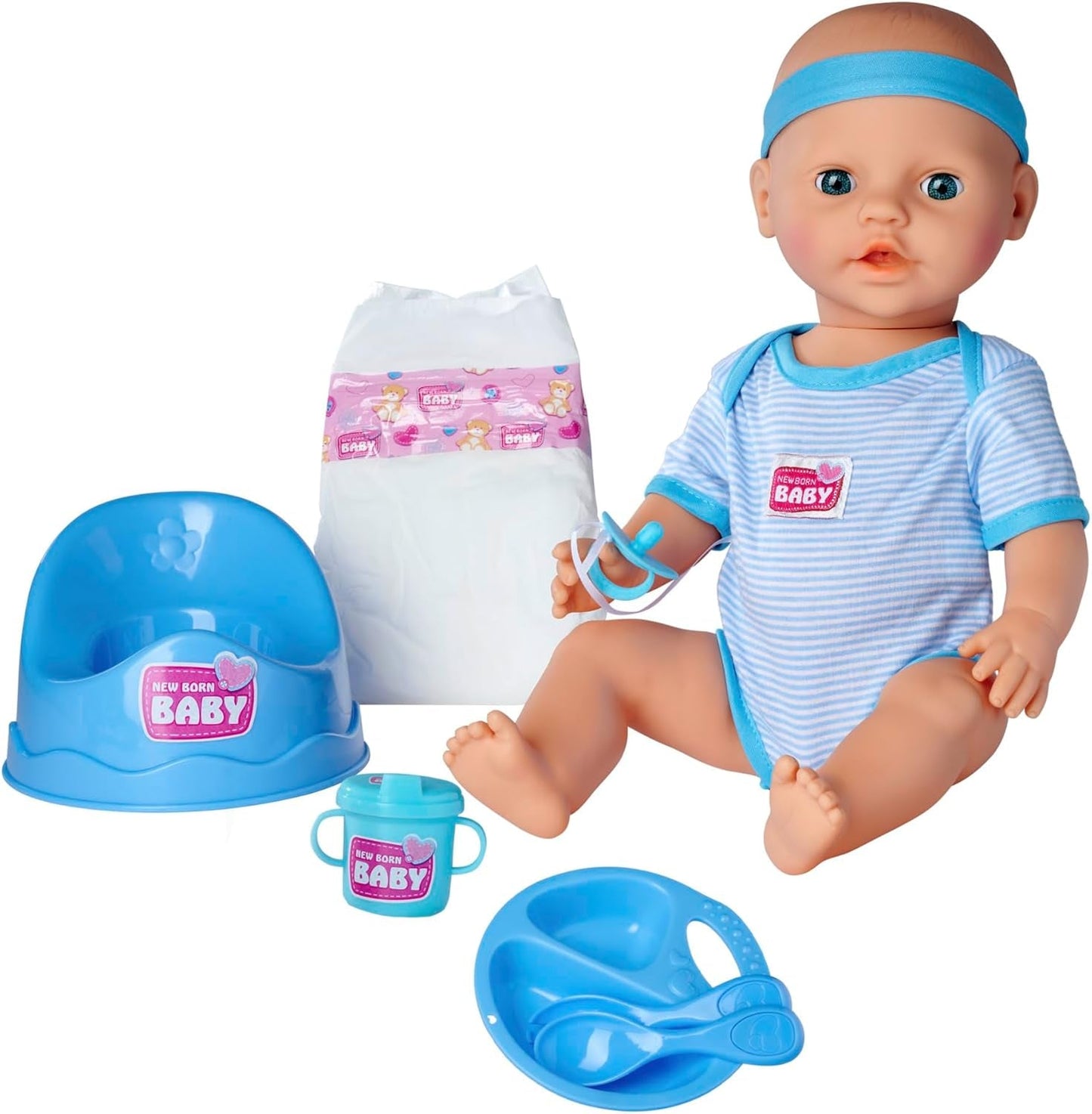 Simba 105030044 - pasgeboren pop - jongen, volledig vinyl pop met slaapogen, drink- en bevochtigingsfunctie en accessoires, 8 stuks, 43 cm, babypop, vanaf 3 jaar