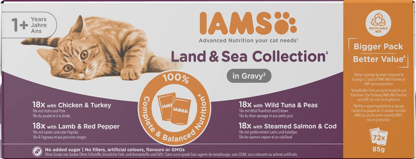 IAMS Delights Land & Sea Collection Natvoer voor katten - vlees- en visassortiment Multipack in saus, natvoer voor katten vanaf 1 jaar, 72 x 85 g