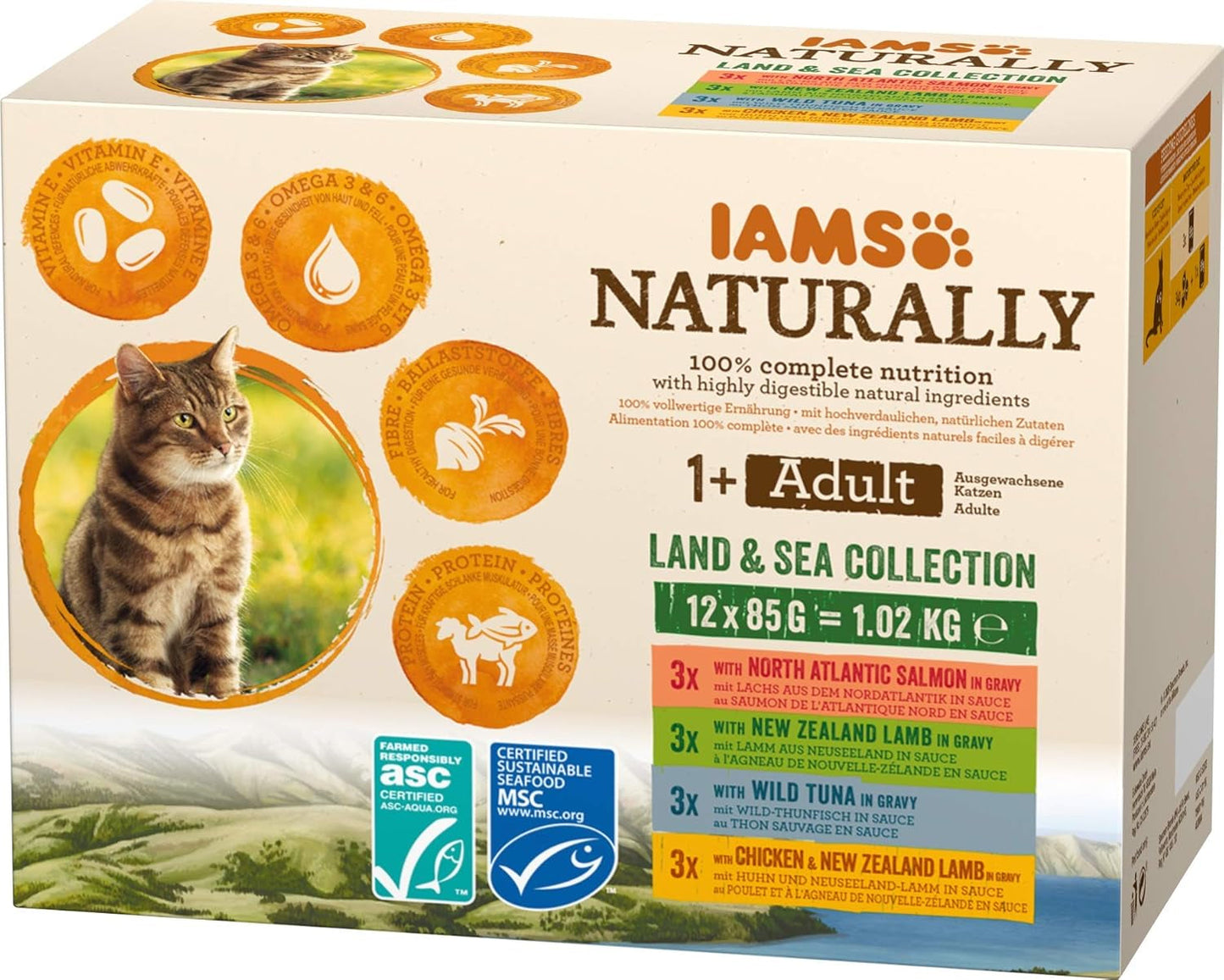 IAMS Natuurlijk nat kattenvoer in saus - Hoogwaardig vlees- en visnatvoer voor volwassen katten, Land & Sea Collection, 12 x 85 g