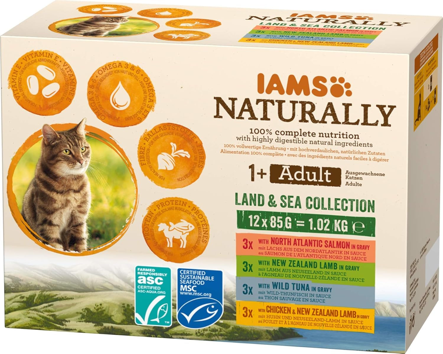 IAMS Natuurlijk nat kattenvoer in saus - Hoogwaardig vlees- en visnatvoer voor volwassen katten, Land & Sea Collection, 12 x 85 g