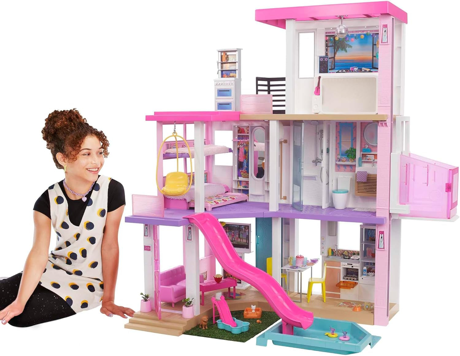 Barbie Droomhuis (114 cm), poppenhuis met 3 verdiepingen, zwembad, glijbaan, rolstoellift, 75 accessoires, poppen, geschikt als cadeau voor kinderen vanaf 3 jaar, GRG93 Naty Shop poppenhuizen 2021 versie