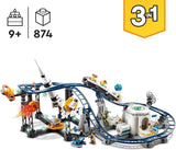 LEGO 31142 Creator 3-in-1 ruimteachtbaan speelgoedset voor kinderen met werkende karren, kan worden omgebouwd tot een vrije val-toren of carrousel met raketten en gloeiende stenen Bouwsets