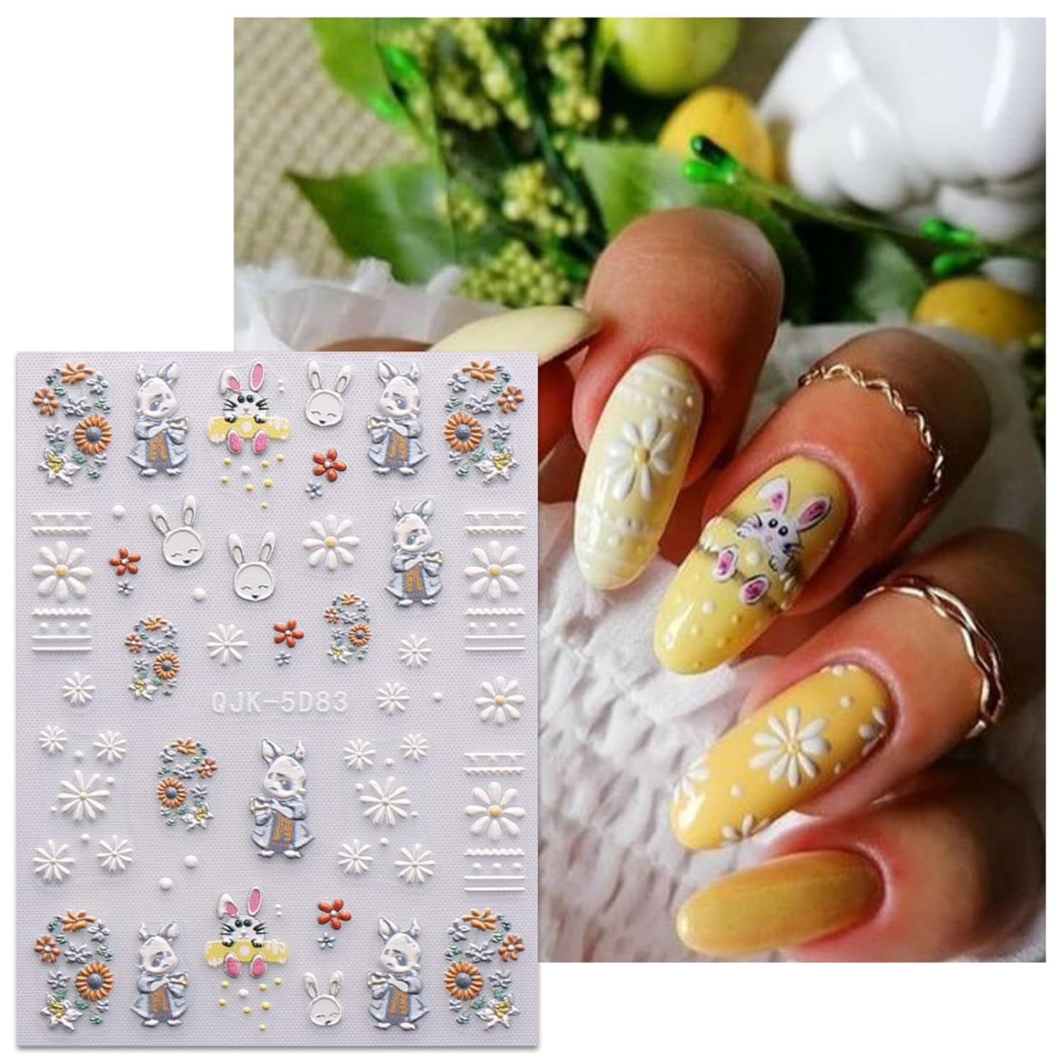 JMEOWIO 6 Blatt 3D Nagelsticker Ostern Nail Art Sticker Selbstklebend Nagelaufkleber 5D Stereoskopisch Süßer Hase Ei Decoratie Nageldesign Zubehör