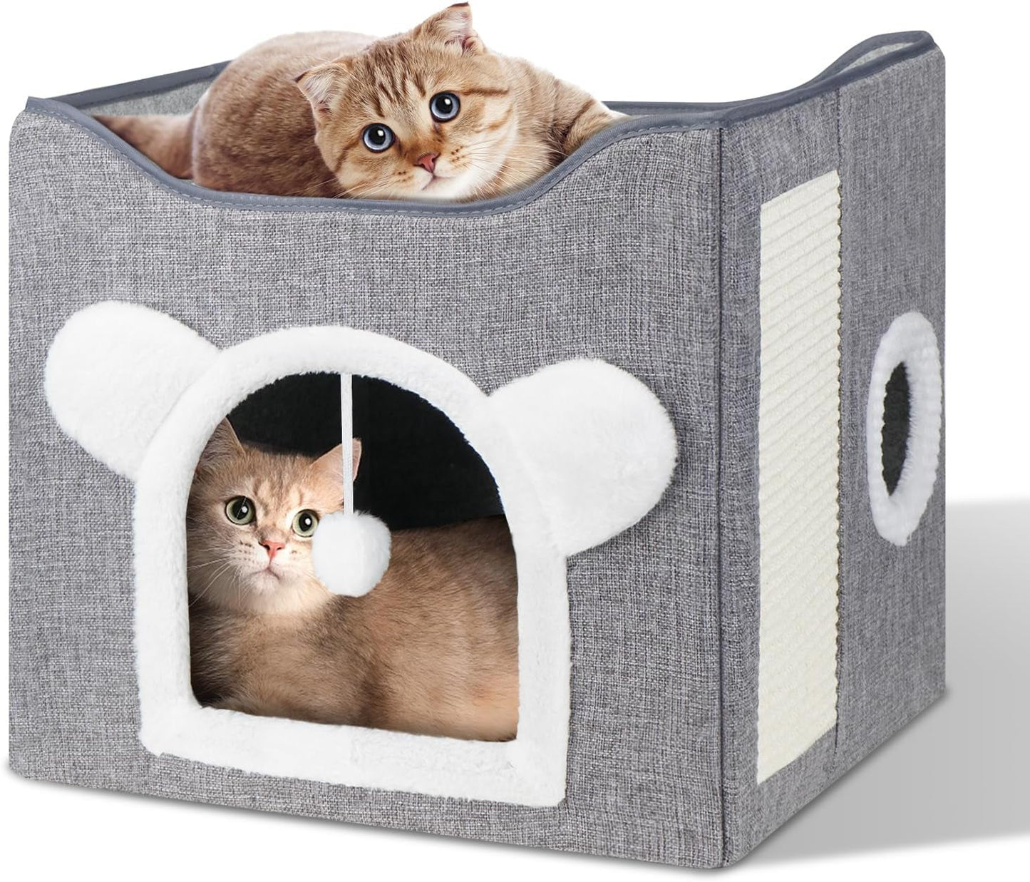 Katzenbetten voor Indoor Katzen, Faltbares Katzenhaus, Katzenhöhle 2 Schicht Würfel Großer Raum Katzenbett met Kratzbrett en Spielball, 15,8 x 15,8 x 15 inch