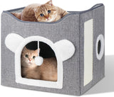 Katzenbetten voor Indoor Katzen, Faltbares Katzenhaus, Katzenhöhle 2 Schicht Würfel Großer Raum Katzenbett met Kratzbrett en Spielball, 15,8 x 15,8 x 15 inch