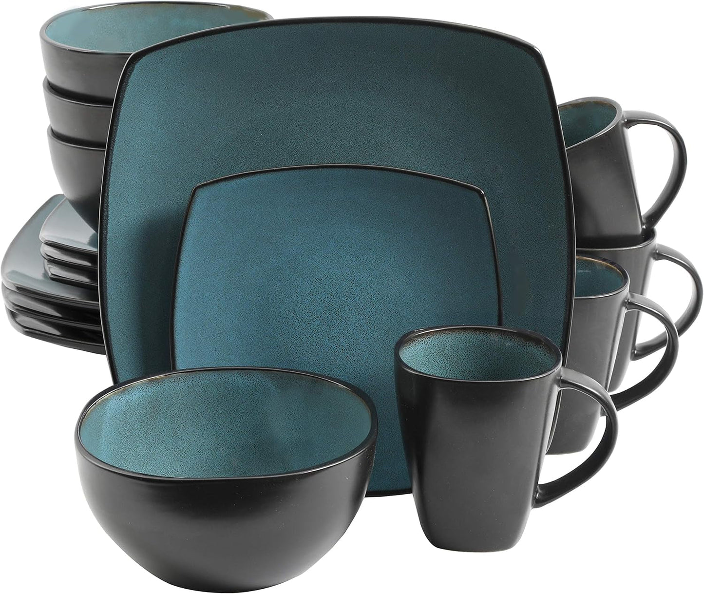 Gibson 99813.16R Elite Soho Lounge reactieve glazuur 4-persoons serviesset, 16-delig, blauwgroen/zwart tweekleurig effect