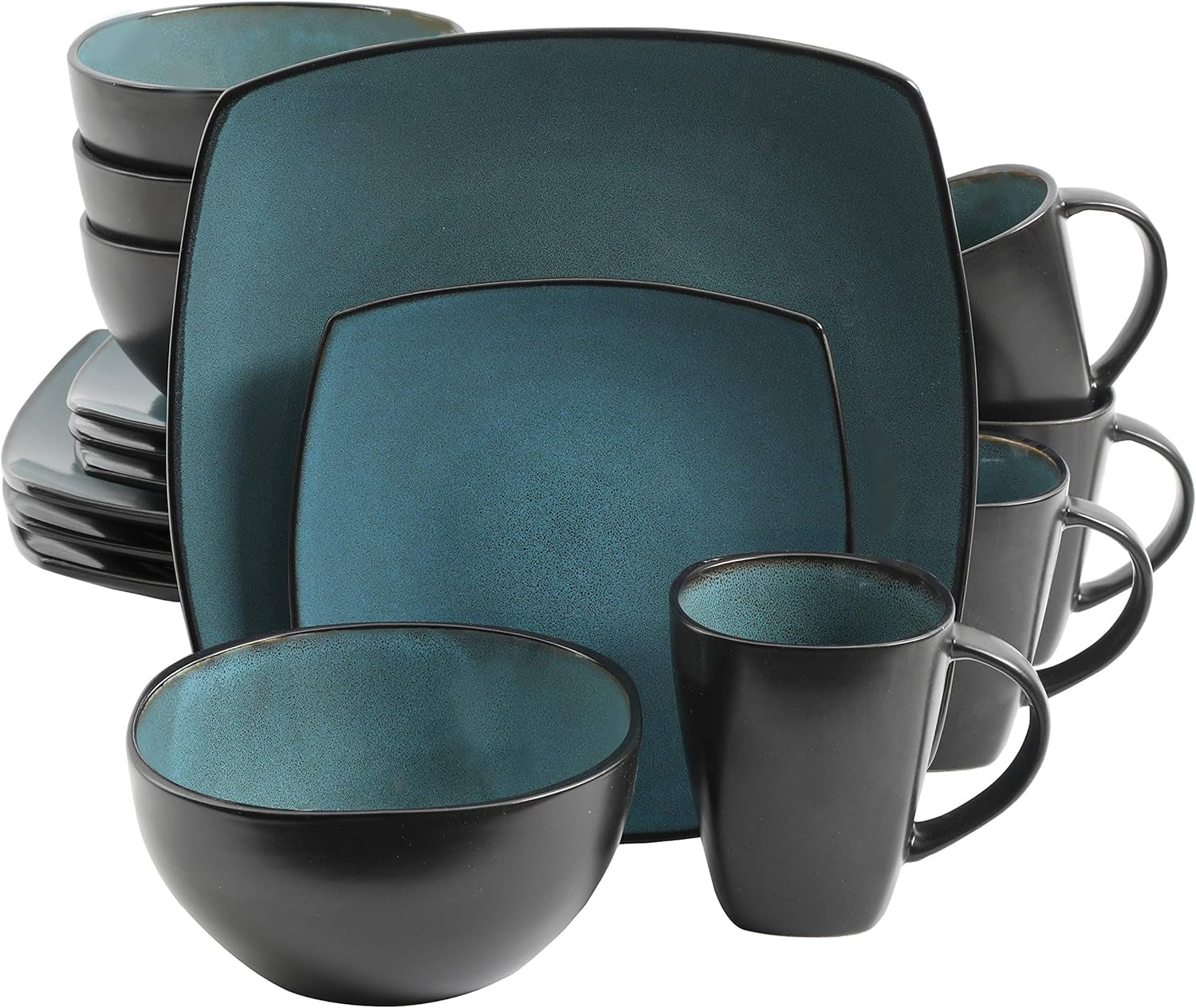 Gibson 99813.16R Elite Soho Lounge reactieve glazuur 4-persoons serviesset, 16-delig, blauwgroen/zwart tweekleurig effect