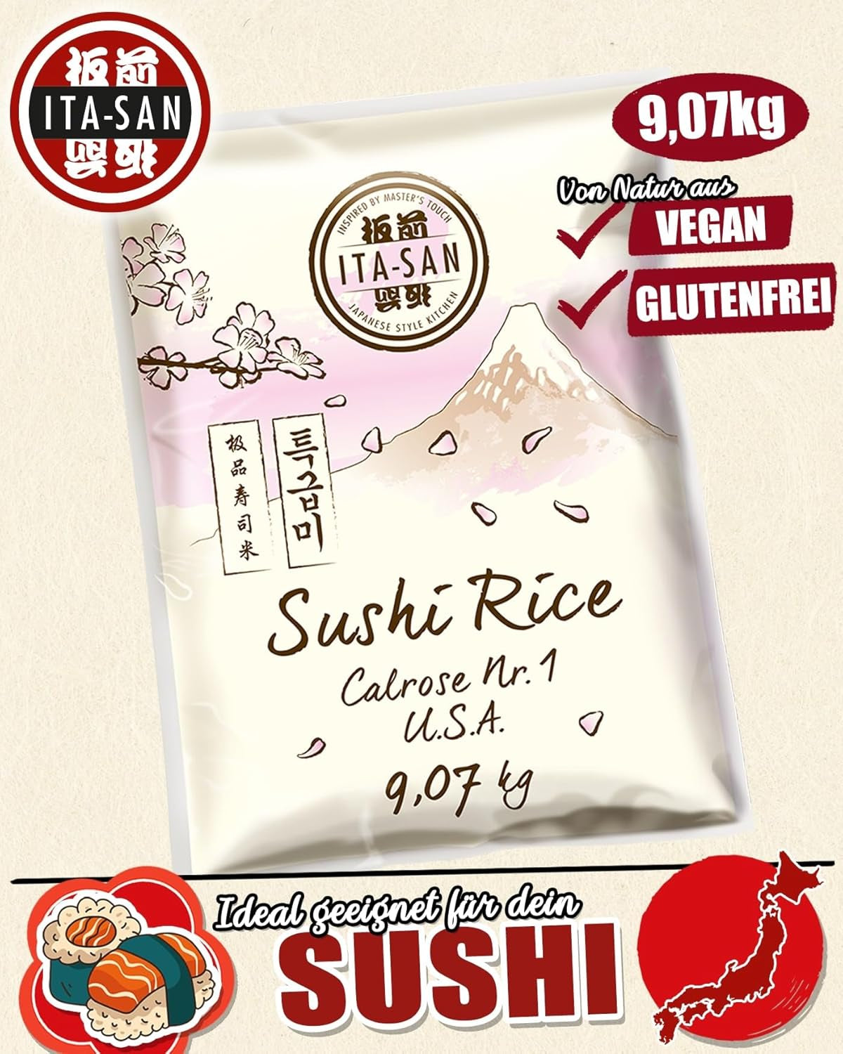 ITA-SAN Calrose / Rijst voor sushi, 1 pakket (1 x 9,07 kg)