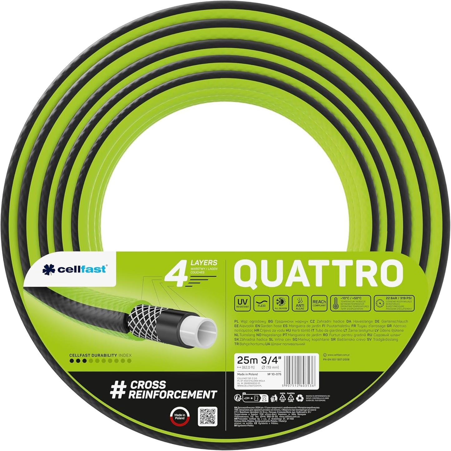 Cellfast QUATTRO Tuinslang Duurzaam Lichtgewicht 4 Ply UV-bestendig Draadslang Kruis Gevlochten 20 Bar 3/4" 15m 10-074
