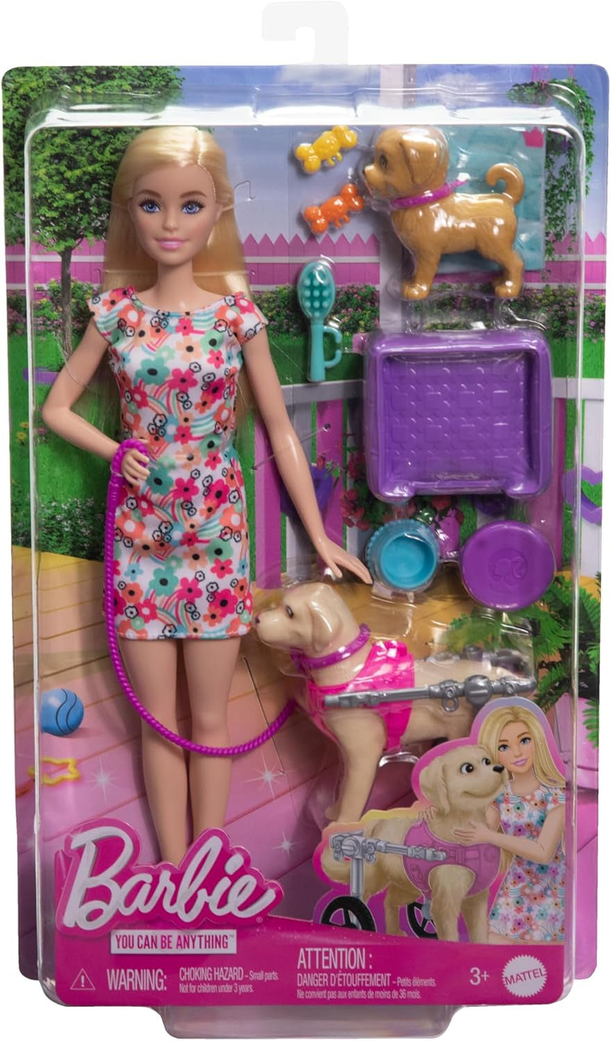 Barbie Duo-hondpop en accessoires, inclusief kleine hond en grote hond met rolstoel, riem, voerbak, huisdierbed en traktatiebotten, vanaf 3 jaar, HTK37 Naty Shop-poppen