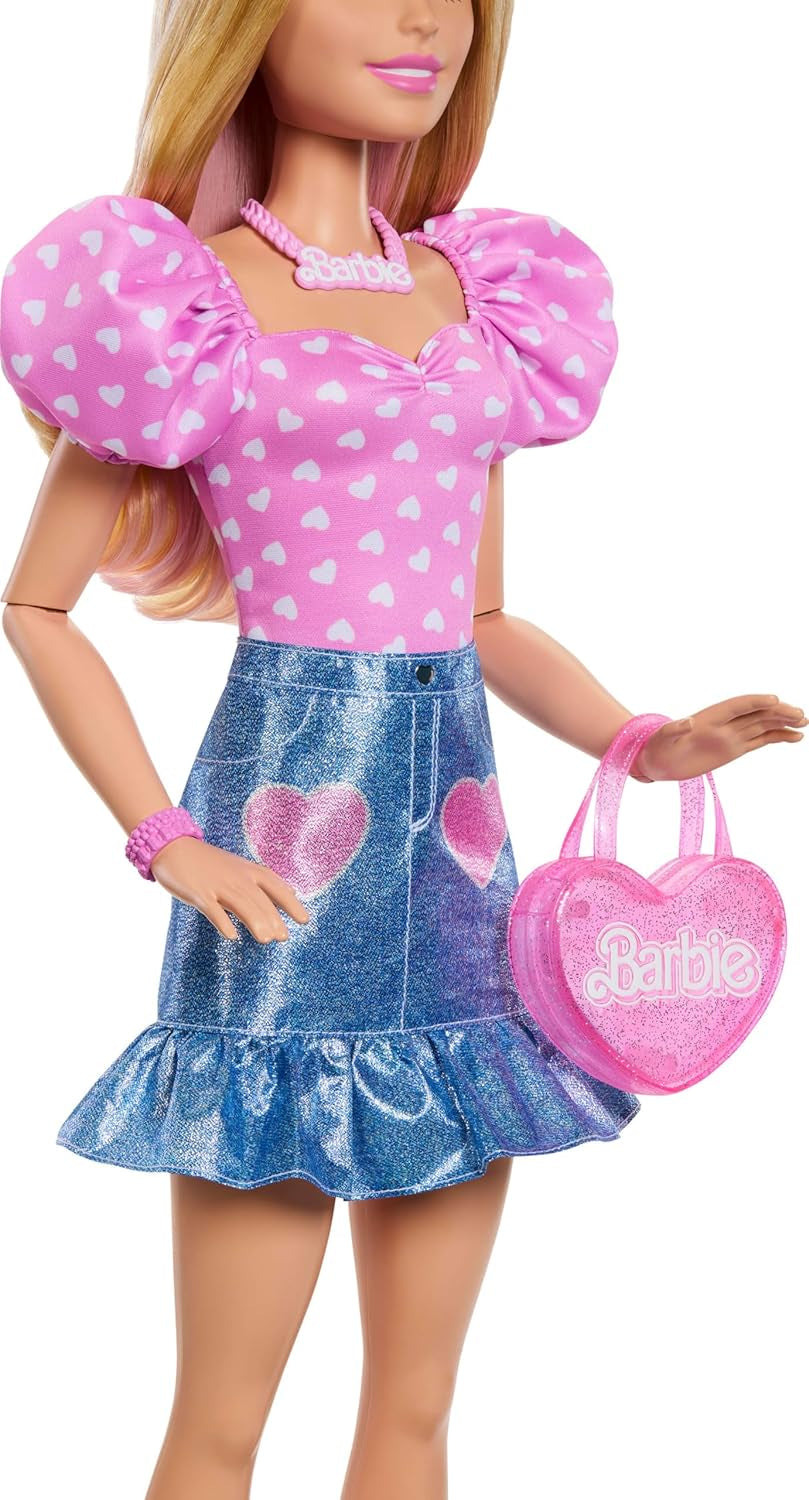 Modieuze Barbie pop 71 cm blond met afneembare kleding roze top denim rok cowboylaarzen ketting en handtas HYT84