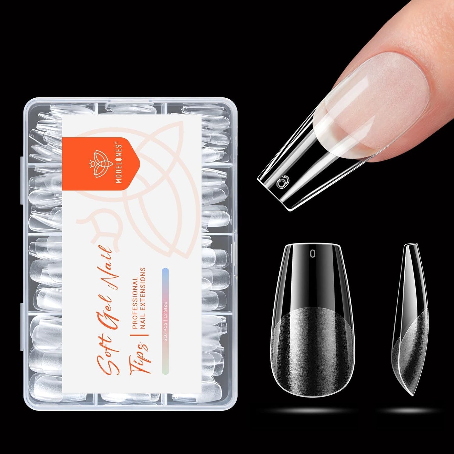 Modelones nageltips 216 stuks - volledige dekking nageltips set, zachte gel tips set, pre-polijsten PMMA hars nageltips, doe-het-zelf lijm op nail art kunstnagels, korte amandelen XS