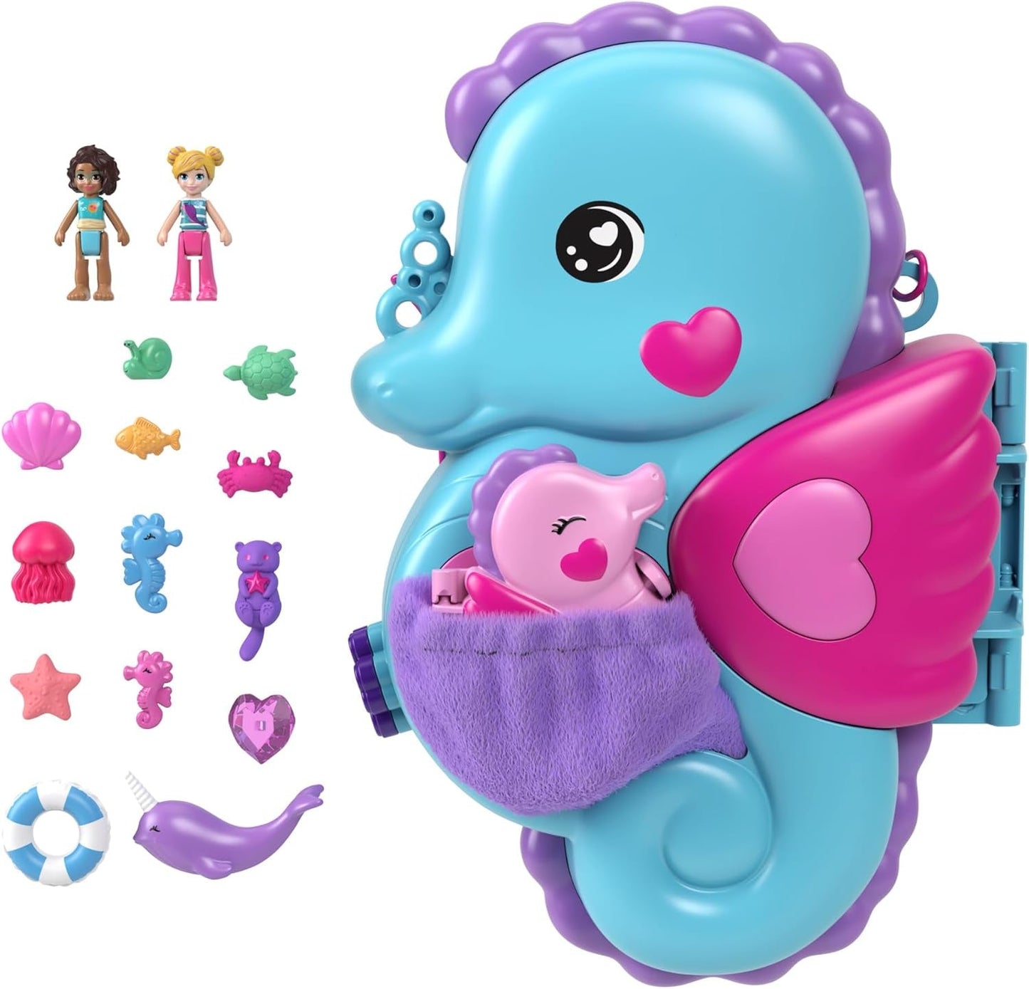 Polly Pocket Coffin Onderwaterthema Wrap Around Shell Bag met 2 poppen en 1 onderzeeër Polly Pocket Zeemeerminspeelgoed Leeftijd 4 GNH11 Naty Shop Dolls Seahorse Bag