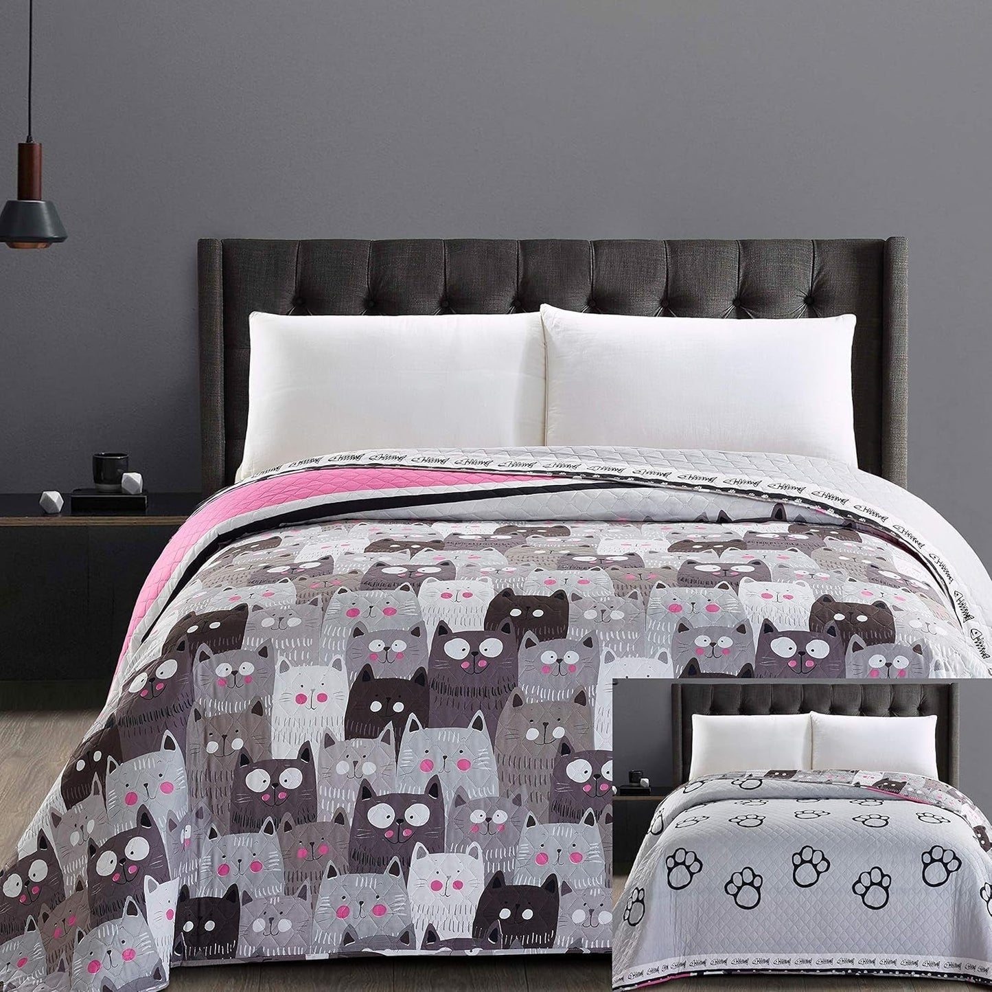 Decoking 32350 Sprei 220X240 Cm Dubbelzijdige sprei van microvezel gemakkelijk te onderhouden Beige Lichtbruin Cacaobruin Grijs Staal Antraciet Grafiet Zwart Wit Roze Katten Invasion of Cats Bedden en Dekens Beuche den DecoKing-Store 220X240 Cm