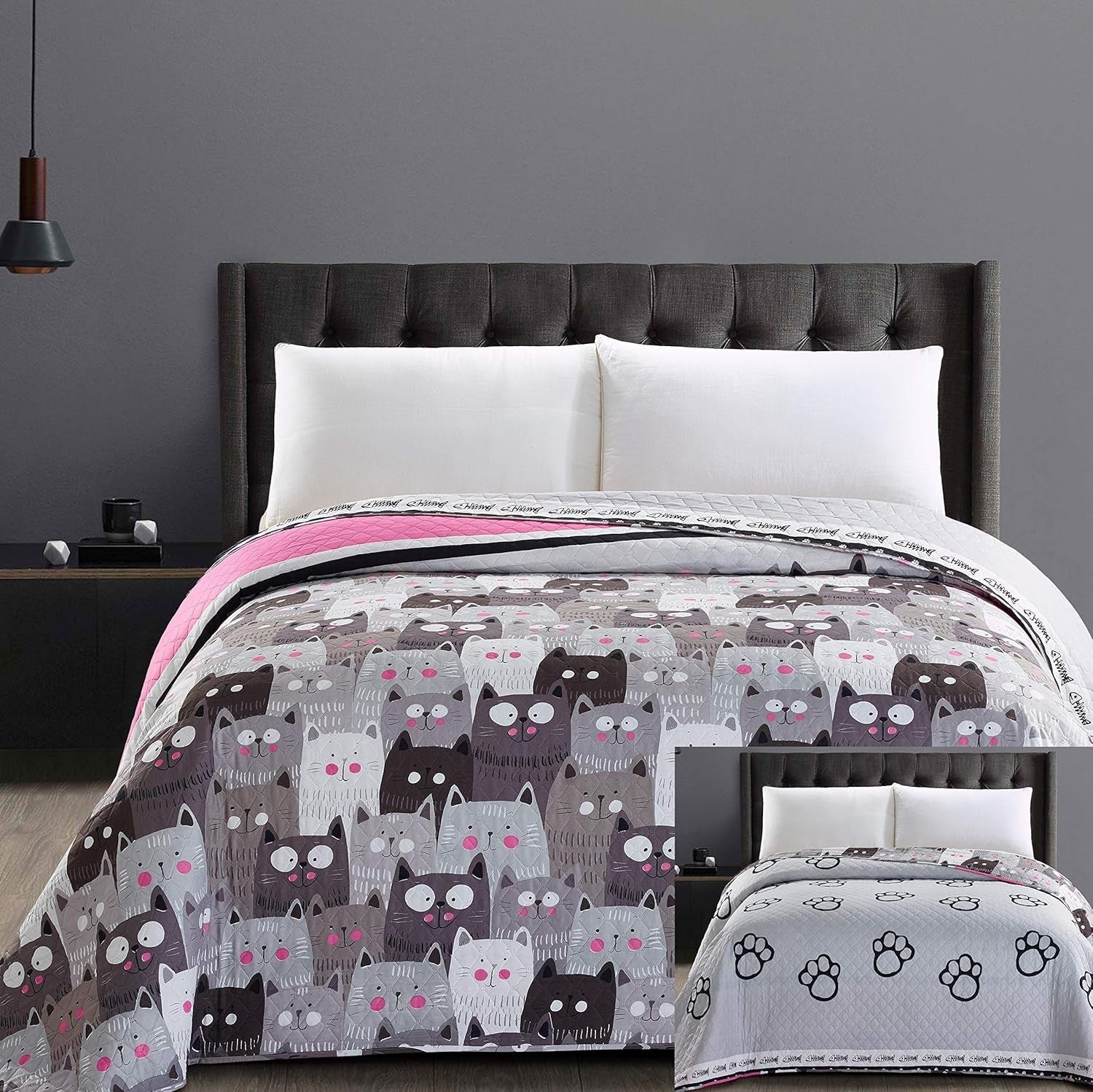 Decoking 32350 Sprei 220X240 Cm Dubbelzijdige sprei van microvezel gemakkelijk te onderhouden Beige Lichtbruin Cacaobruin Grijs Staal Antraciet Grafiet Zwart Wit Roze Katten Invasion of Cats Bedden en Dekens Beuche den DecoKing-Store 220X240 Cm