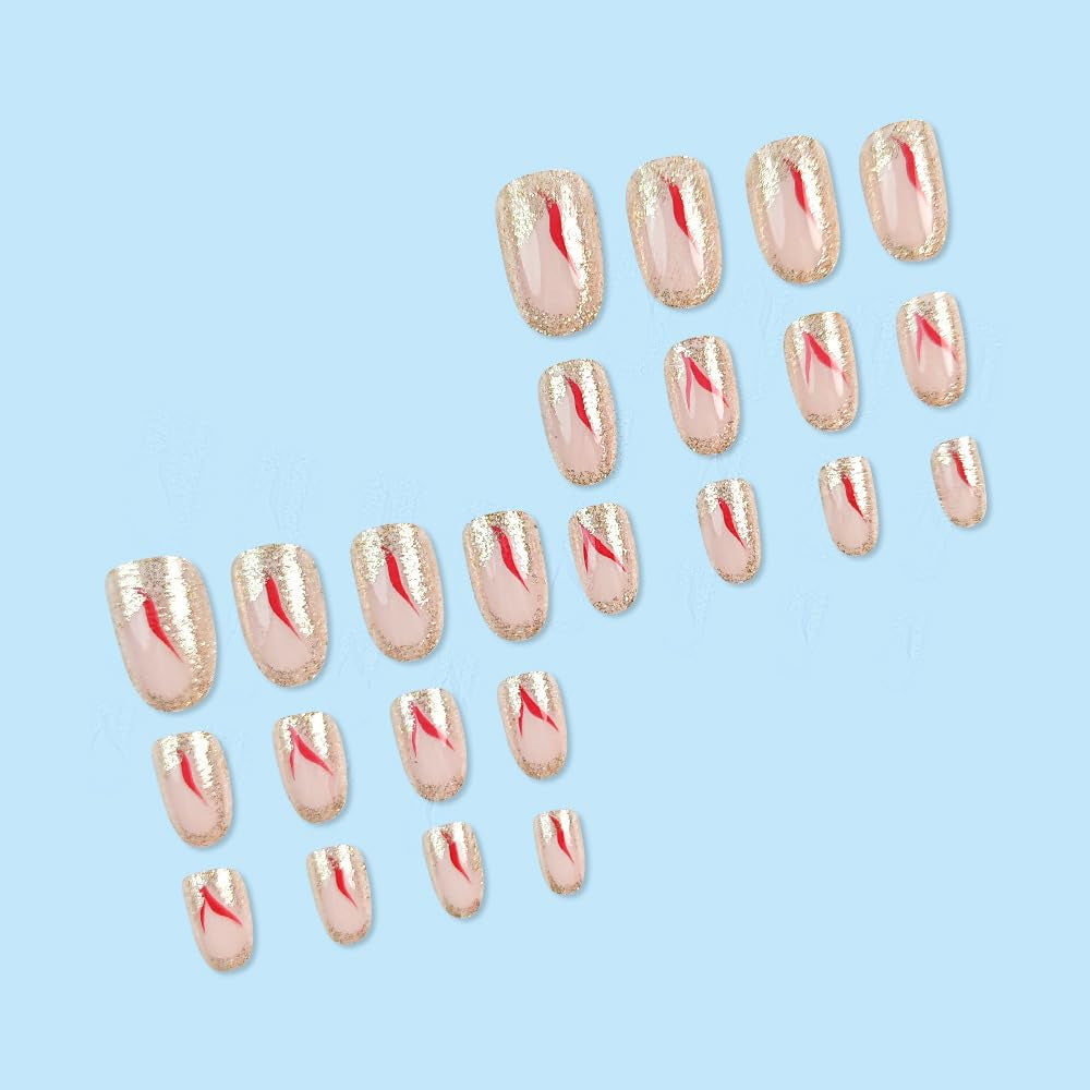 24 Stuks Korte Druk Op Nagels Goud Glitter Nep Nagels Lijm Op Rode Swirl Lijm Nagels Set Acryl Nagels Vrouwen accessoires