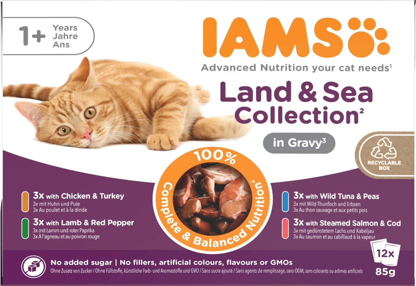 IAMS Delights Land & Sea Collection Natvoer voor katten - Assortiment vlees en vis Multipack in saus, Natvoer voor katten vanaf 1 jaar, 12 x 85 g