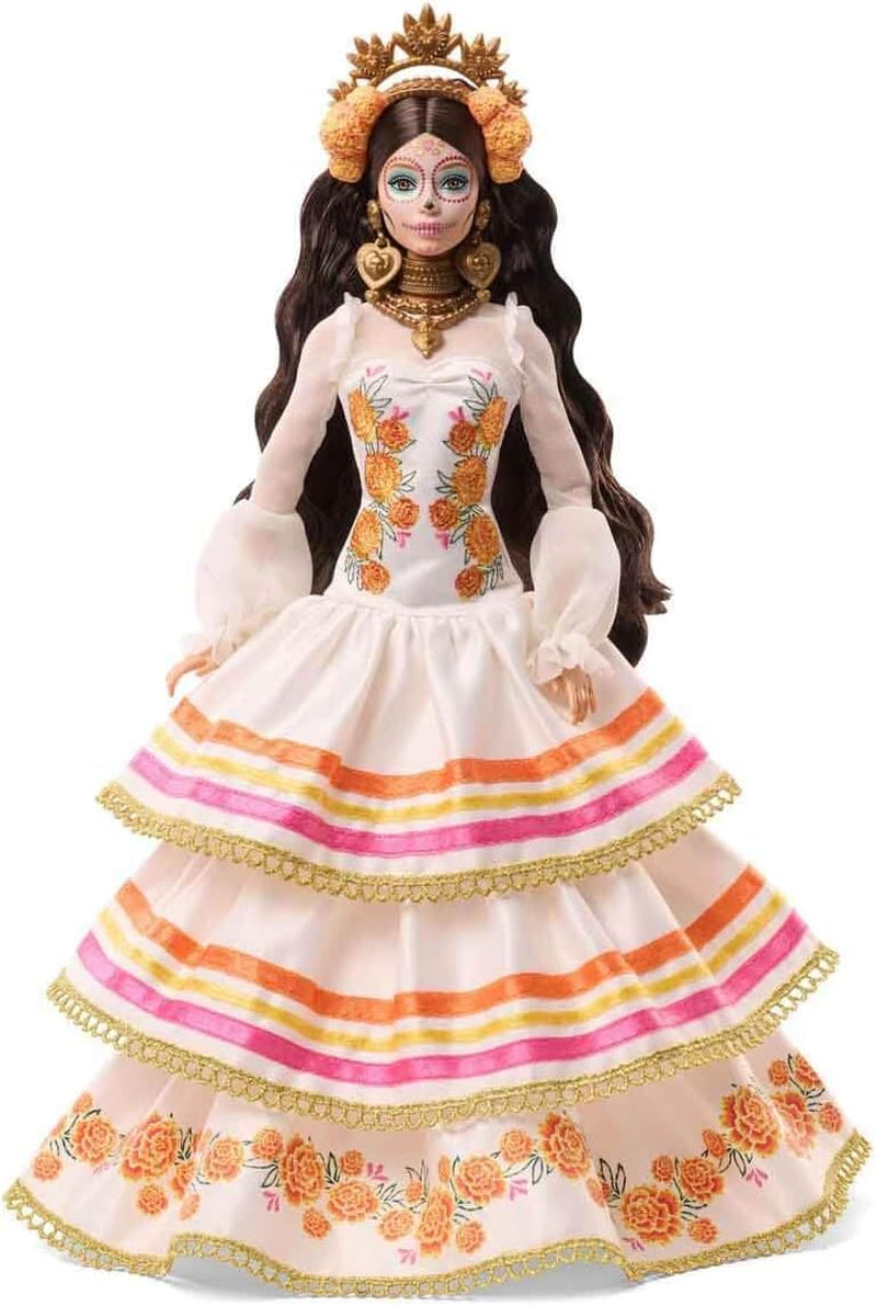 Barbie Signature Day of the Dead 2025 verzamelfiguur in crèmekleurige jurk met ruches, goudsbloemen en strikken, bloemenkroon in haar en Calavera-schmink, JBJ05