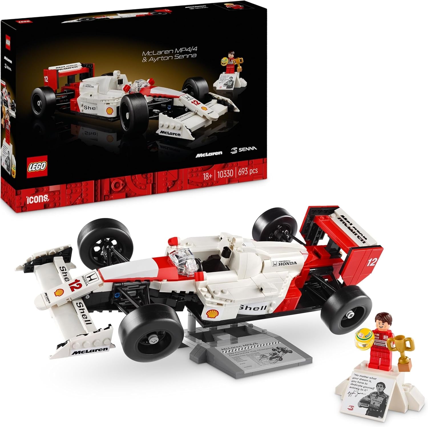 LEGO Icons Mclaren MP4/4 & Ayrton Senna modelautoset, F1 racewagenset voor volwassenen met racer-minifiguur, verzamelobject, cadeau-idee voor mannen, vrouwen, hem en haar 10330 bouwsets Bekijk de LEGO-Store Single