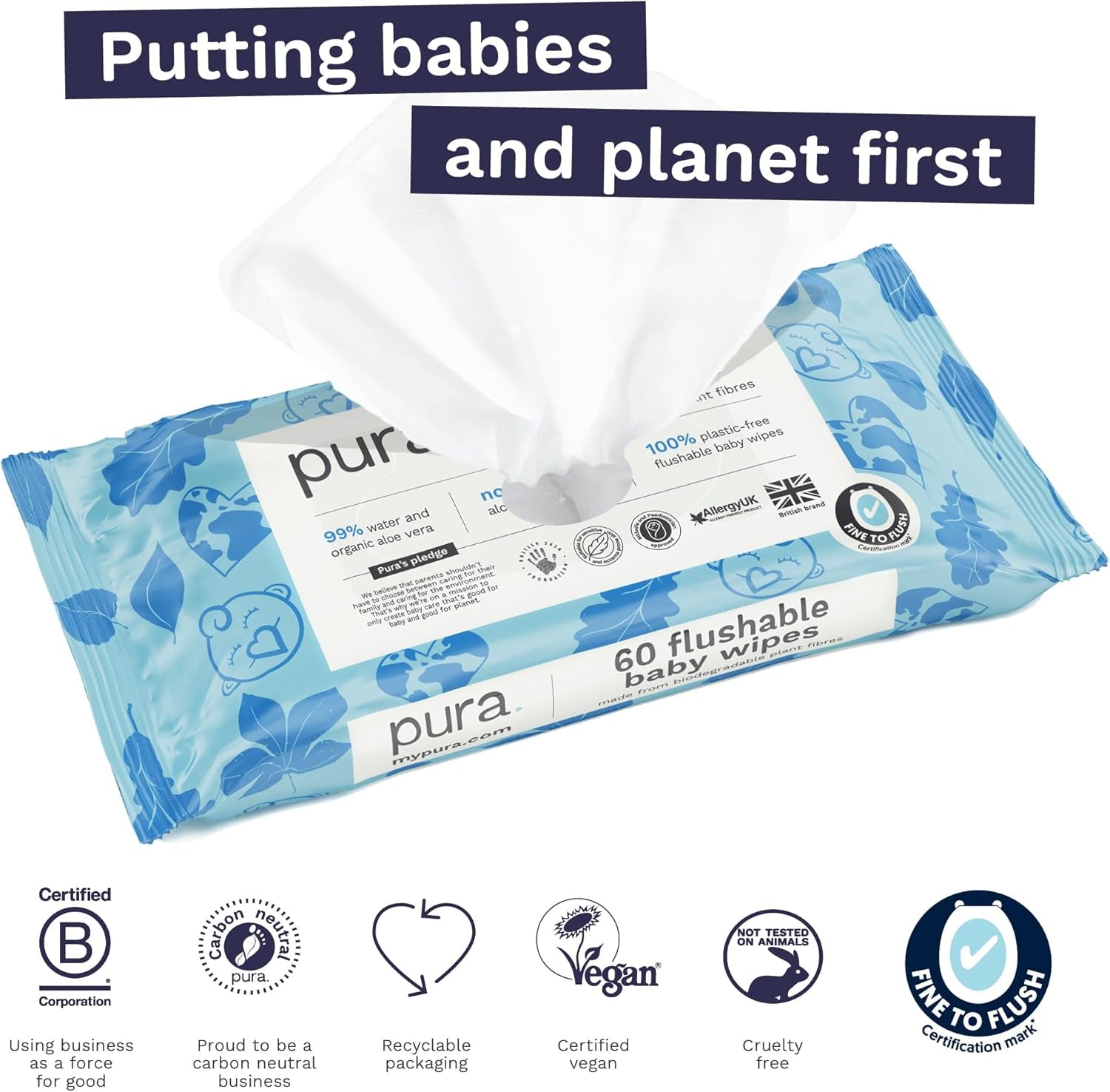 Eco-vriendelijke wegwerp-babydoekjes voor de gevoelige babyhuid 70 doekjes (1 pak) 99% water 100% plasticvrij voor gevoelige huid Eczeemgevoelige pasgeborenen Biologisch afbreekbaar Veganistisch