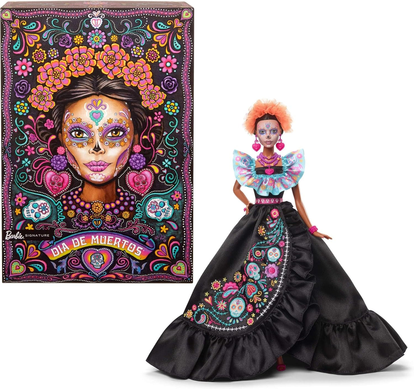 Barbie kenmerkende pop, Día De Muertos 2024 verzamelfiguur in zwarte jurk en blauwe top met ruches, geborduurde print en kleurrijke accessoires, HRM72