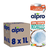 Alpro Kokosnussdrink ohne Zucker – Ohne Süßstoffe – Vegan en melkvrij – Van Natur aus lactosevrij en vettarm – Rijk aan calcium en vitamines – 8 x 1 L