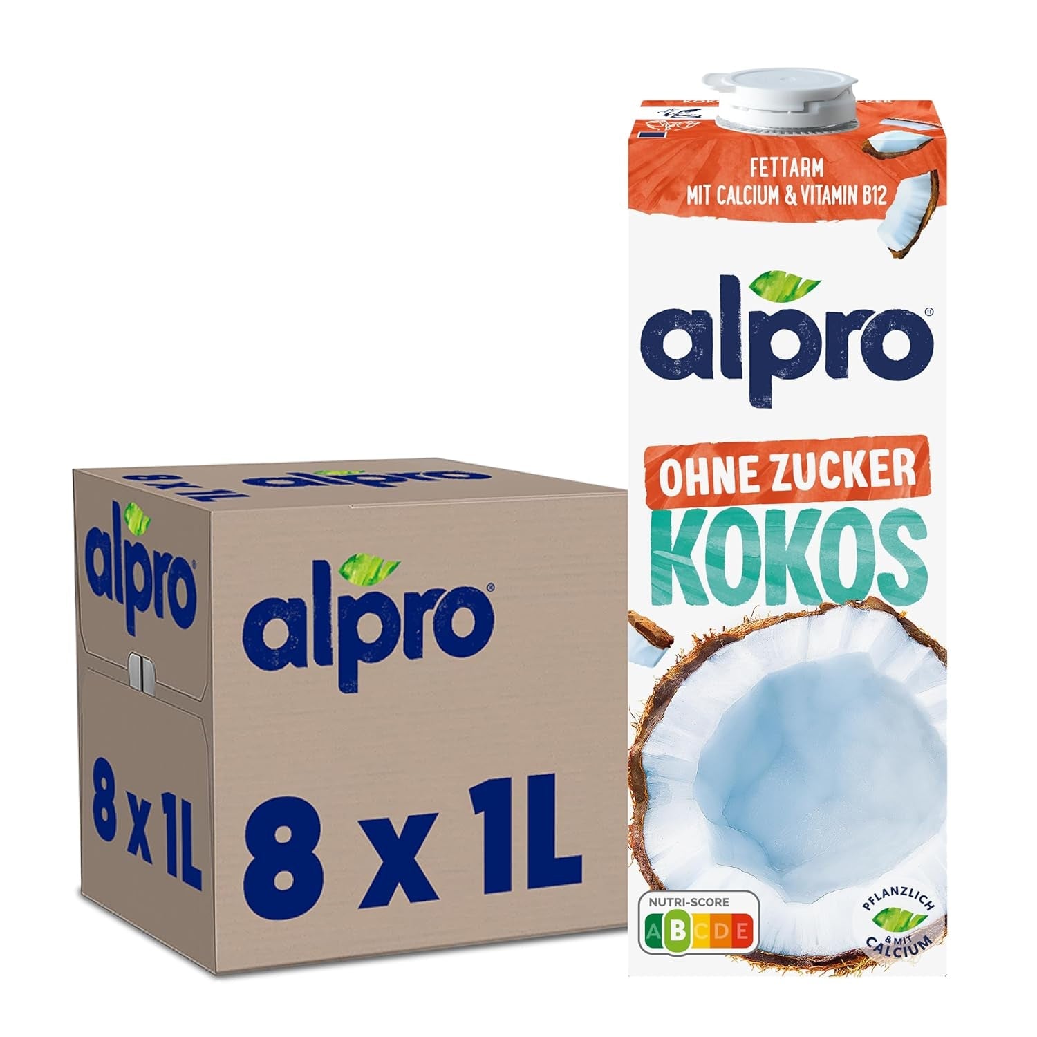 Alpro Kokosnussdrink ohne Zucker – Ohne Süßstoffe – Vegan en melkvrij – Van Natur aus lactosevrij en vettarm – Rijk aan calcium en vitamines – 8 x 1 L