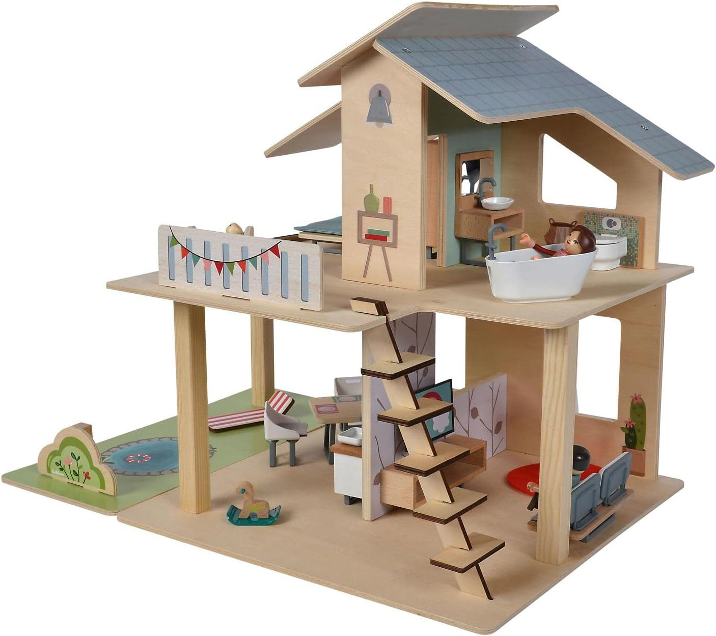 Eichhorn - Poppenhuis met accessoires - incl. meubilair en 3 figuren, ongemonteerd, houten, 25 stuks, 53x36x44 cm, vanaf drie jaar