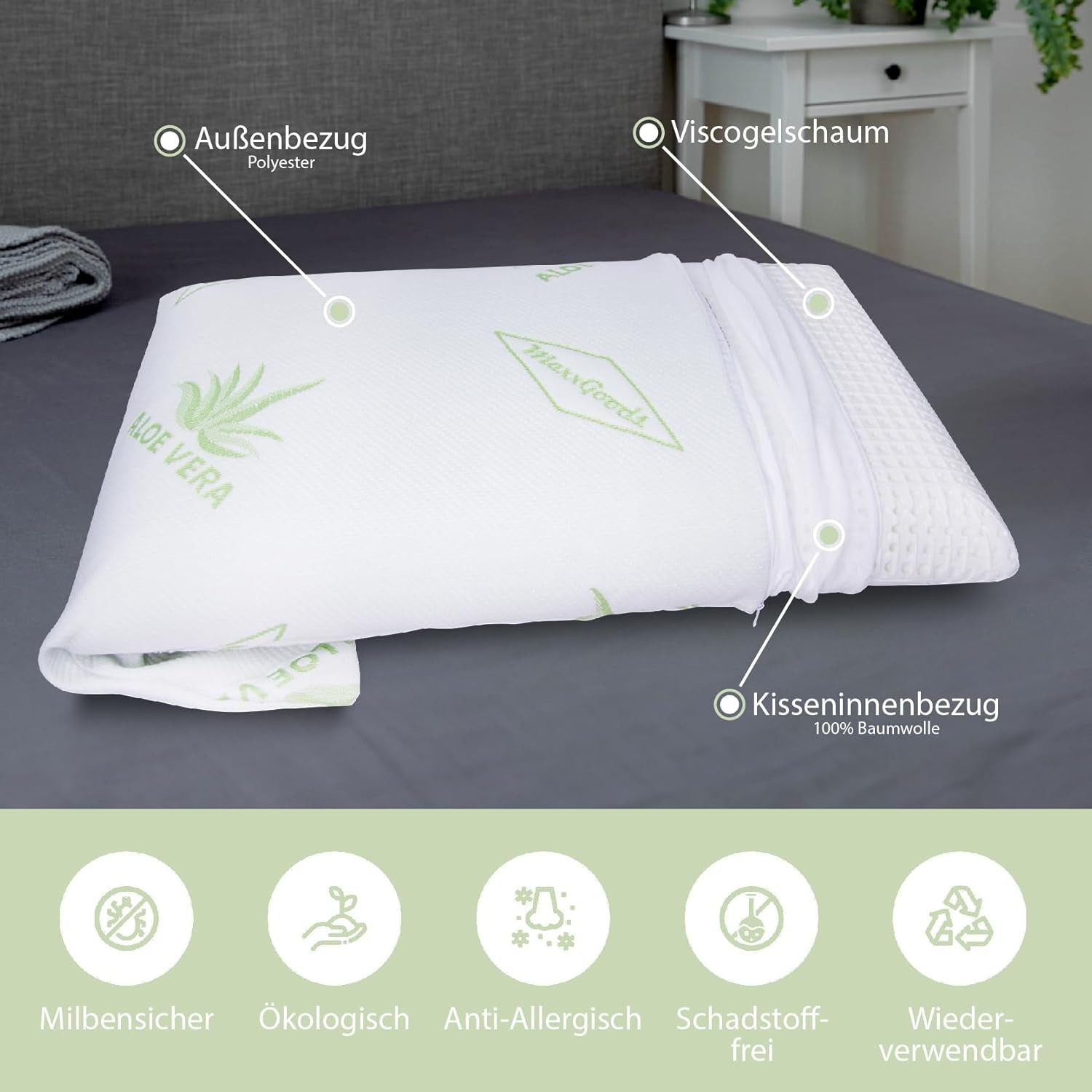 Maxxgoods Orthopedisch kussen Visco gelschuim neksteunkussen met aloë vera beschermhoes en 100% katoenen binnenhoes - kussen voor buik-, rug- en zijslapers (42 cm x 70 cm x 12 cm) Cervicale orthopedische kussens Naty Shop