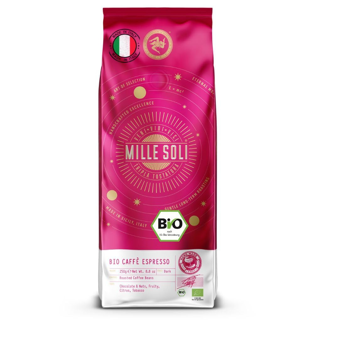 Caffè Biologische Espressobonen 250g - 100% Biologisch - Geroosterd op Sicilië - Eeuwenoude, handgemaakte brandmethode - Premium espressobonen voor volautomatische machines en portafilter