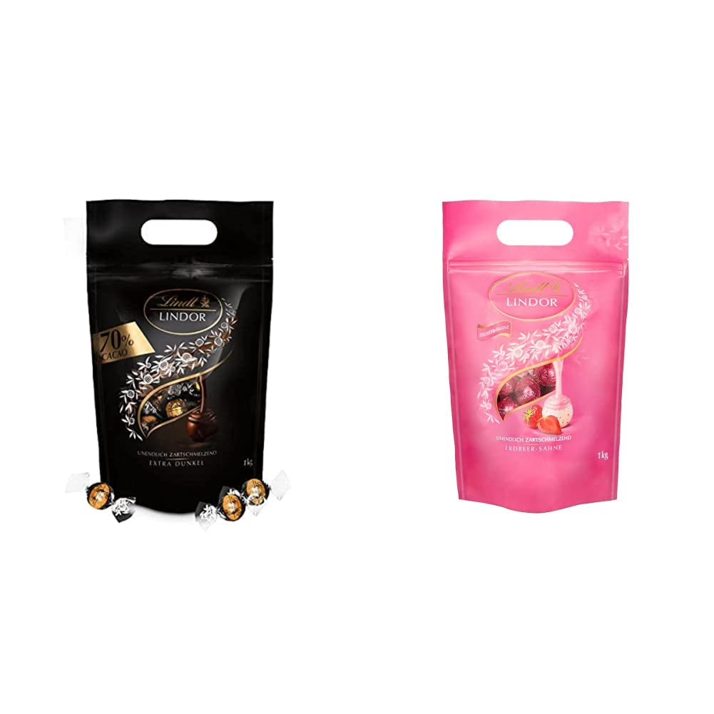 Lindt LINDOR Extra pure chocoladeballetjes en LINDOR Aardbeiencreme chocoladeballetjes | Hersluitbare zak van 1 kg | ca. 80 witte chocoladebolletjes met aardbeiencrème